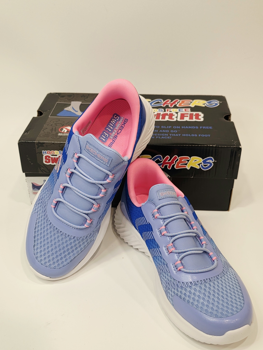 Skechers Hands Free Swift Fit Kids Light Blue and Pink Slip-On Athletic Sneakers